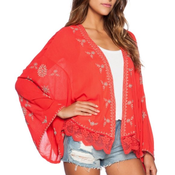 Free People Tops - Free People Red Embroidered Kimono Jacket